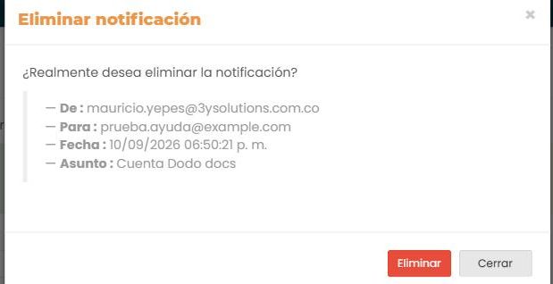 Modal «Eliminar notificación»: «¿Realmente desea eliminar la notificación?» con el detalle (De, Para, Fecha, Asunto) y los botones Eliminar y Cerrar.