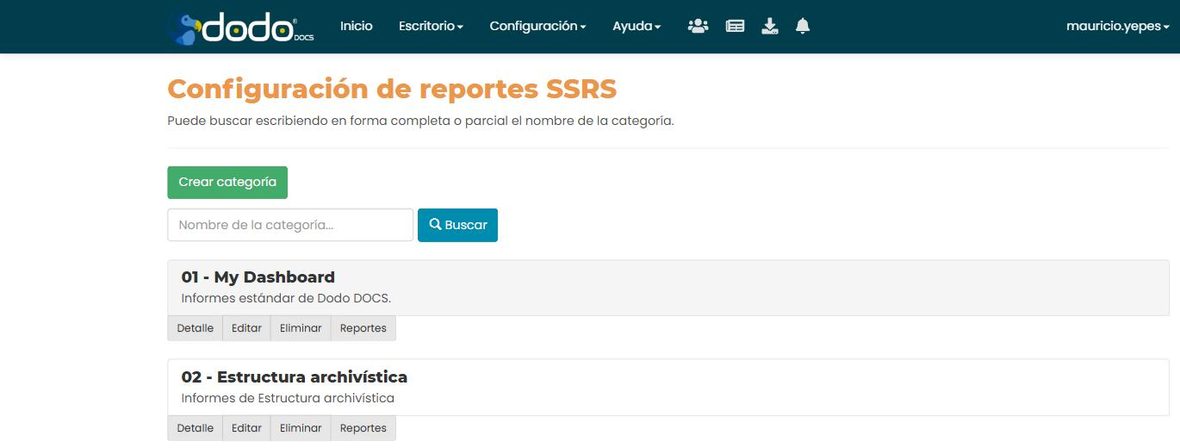 Pantalla «Configuración de reportes SSRS»: buscador por nombre de categoría, botón «Crear categoría», y las categorías «01 - My Dashboard» y «02 - Estructura archivística», cada una con Detalle, Editar, Eliminar y Reportes.