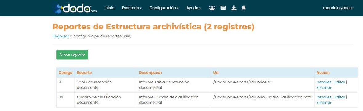 Pantalla «Reportes de Estructura archivística»: tabla con Código, Reporte, Descripción, Url y Acción (Detalles, Editar, Eliminar) de cada reporte, y el botón «Crear reporte».