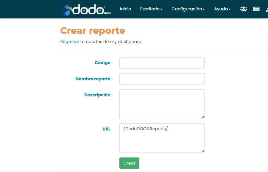 Formulario «Crear reporte»: campos Código, Nombre reporte, Descripción y URL (con el prefijo /DodoDOCS.Reports/), y el botón Crear.