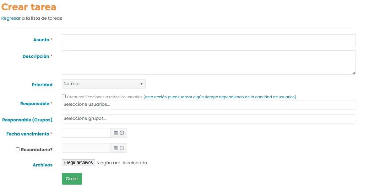 Formulario «Crear tarea» con los campos Asunto, Descripción, Prioridad, la casilla «Crear notificaciones a todos los usuarios», Responsable, Responsable (Grupos), Fecha vencimiento, Recordatorio, Archivos y el botón Crear.