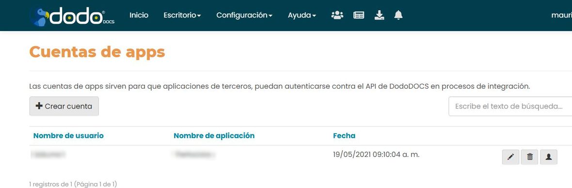 Listado de «Cuentas de apps»: columnas Nombre de usuario, Nombre de aplicación (fila real difuminada) y Fecha, con el botón «Crear cuenta» y un buscador.