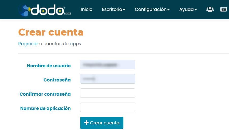 Pantalla «Crear cuenta»: campos Nombre de usuario y Contraseña (difuminados, autocompletados por el navegador), Confirmar contraseña, Nombre de aplicación, y el botón Crear cuenta.