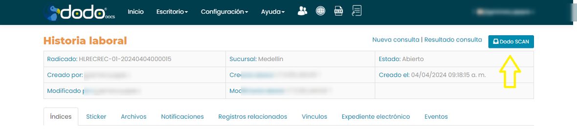 Detalle de un registro en Dodo DOCS, con el botón «Dodo SCAN» resaltado arriba a la derecha.