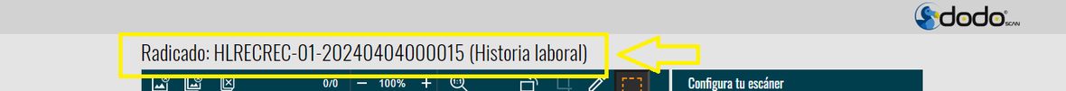 Parte superior de la interfaz de Dodo SCAN con el radicado y el formulario del registro destino resaltados.