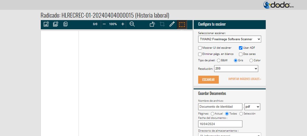 Interfaz de Dodo SCAN Web Client recién abierta: visor a la izquierda, panel «Configura tu escáner» y «Guardar Documentos» a la derecha.