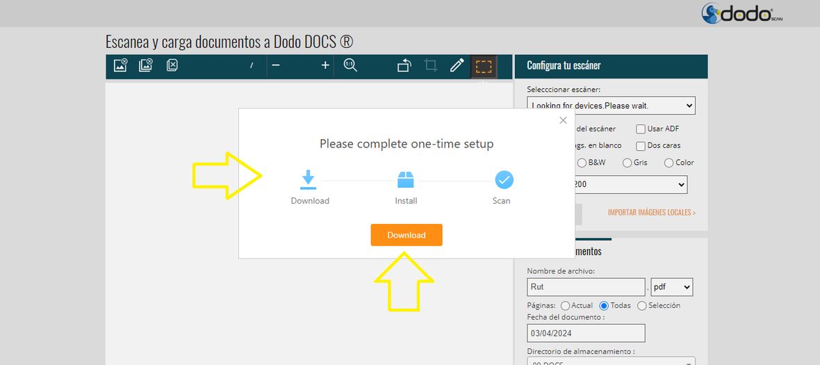 Ventana «Please complete one-time setup» con los pasos Download, Install y Scan, y el botón Download resaltado.