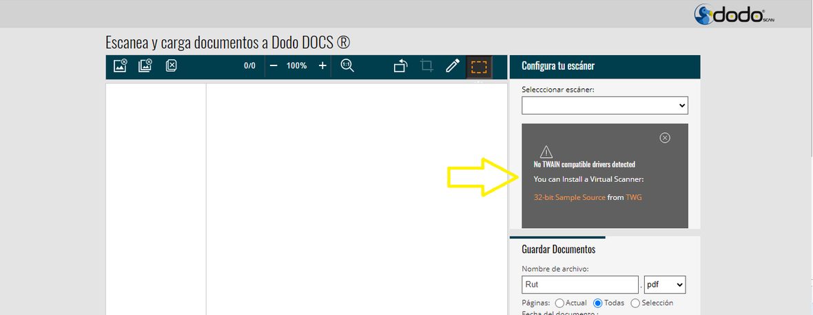 Aviso «No TWAIN compatible drivers detected» en el panel de configuración del escáner.
