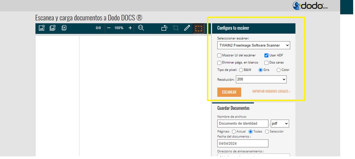 Panel «Configura tu escáner» con las opciones de escáner, ADF, páginas en blanco, dos caras, tipo de píxel y resolución.