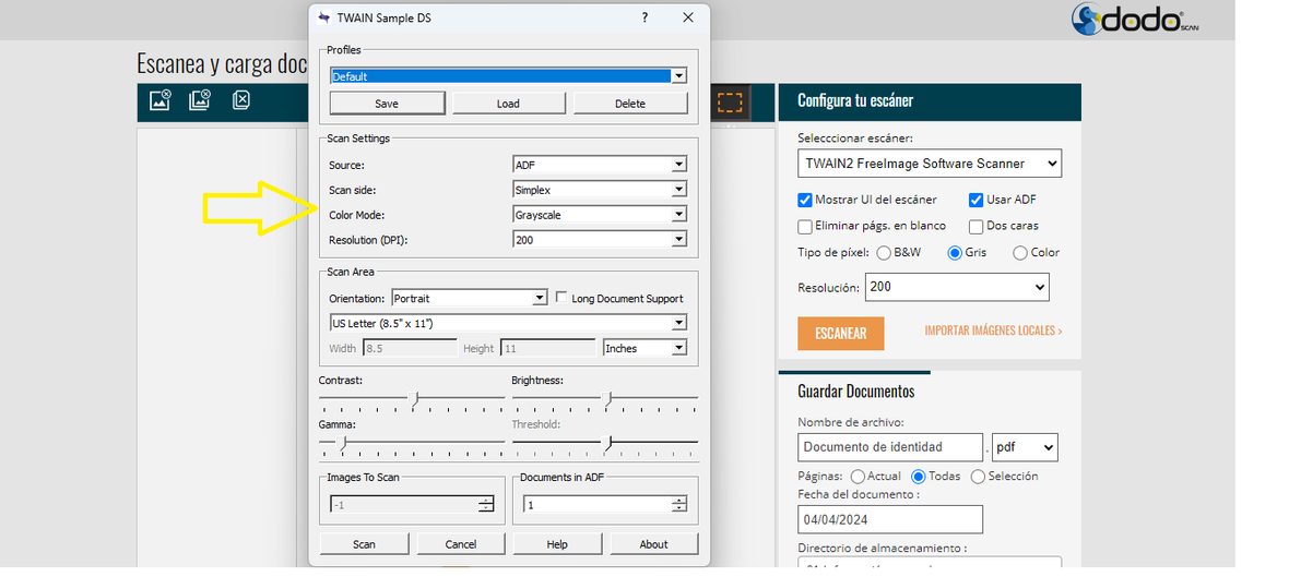 Ventana de configuración propia del escáner (TWAIN Sample DS) que se abre cuando «Mostrar UI del escáner» está activo.