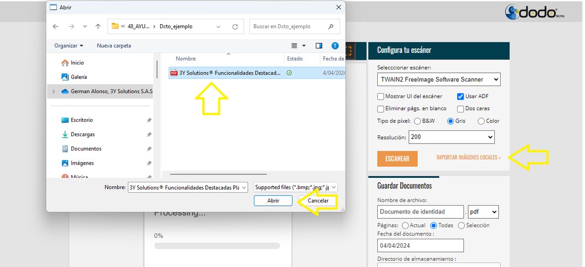 Diálogo «Abrir» de Windows para elegir un documento o imagen del equipo, con el enlace «Importar imágenes locales» resaltado.