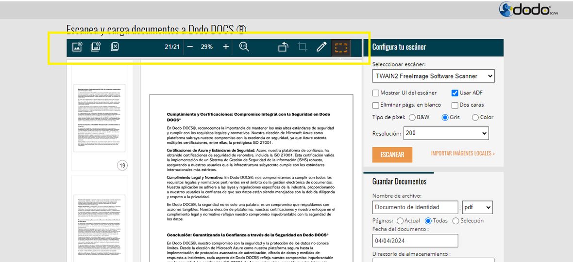 Barra de edición básica encima de las imágenes escaneadas, con los botones de eliminar, zoom, rotar, seleccionar y recortar.
