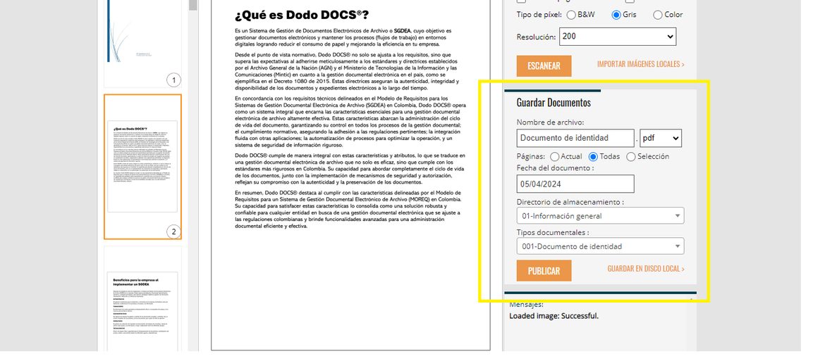 Sección «Guardar Documentos» con nombre de archivo, formato, páginas, fecha, directorio de almacenamiento y tipos documentales.