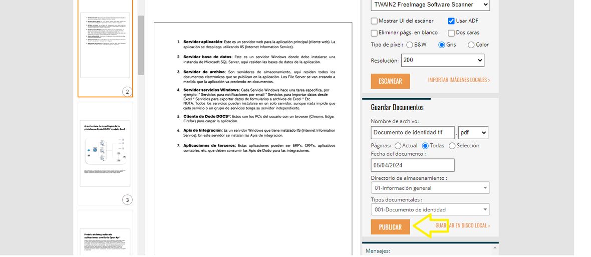 Botón «Publicar» resaltado, debajo de la sección Guardar Documentos.