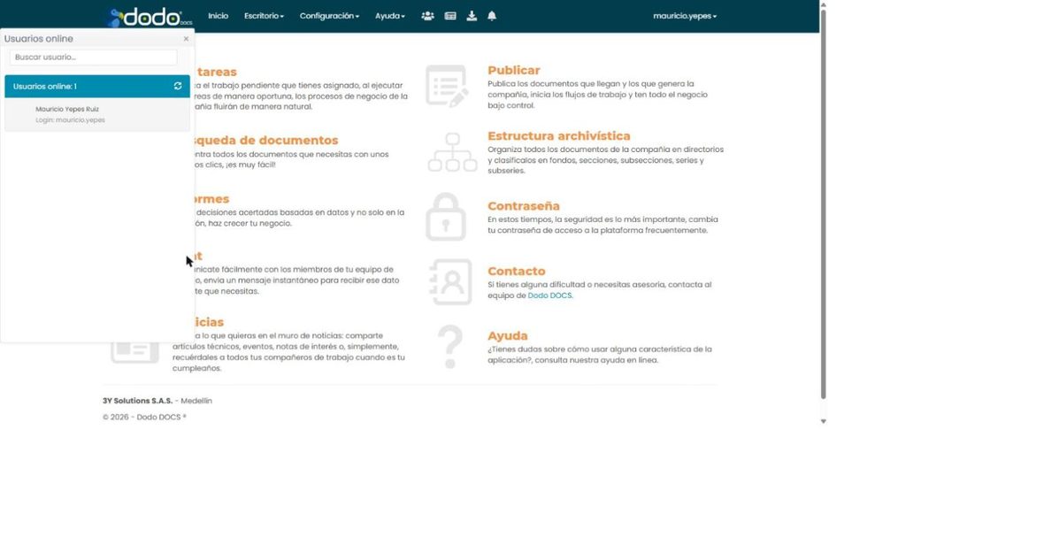 Panel lateral «Usuarios online» con un buscador de usuarios, el contador de usuarios conectados, un botón para refrescar y la lista de usuarios en línea.