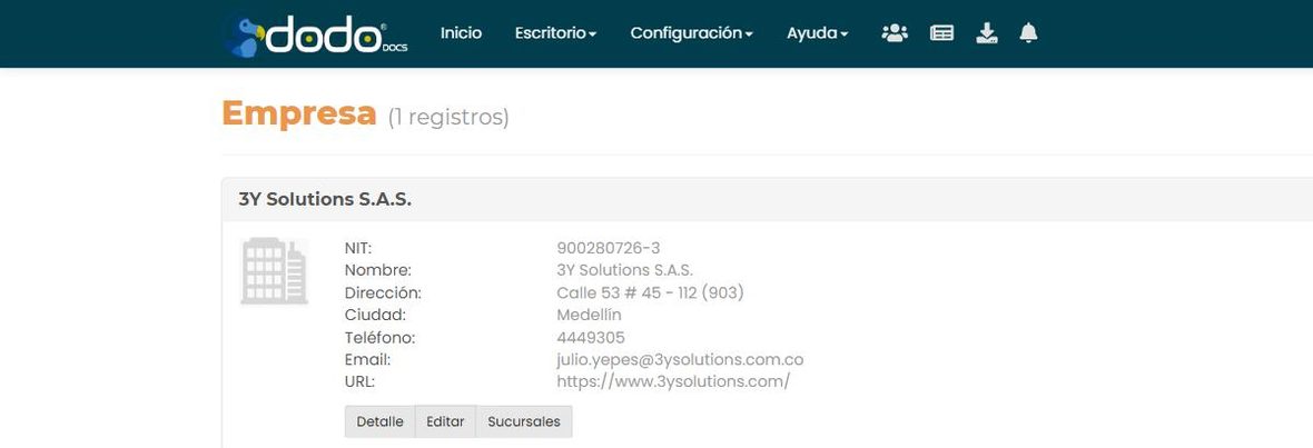 Pantalla «Empresa»: tarjeta con razón social, NIT, dirección, ciudad, teléfono, email y URL, y los botones Detalle, Editar y Sucursales.