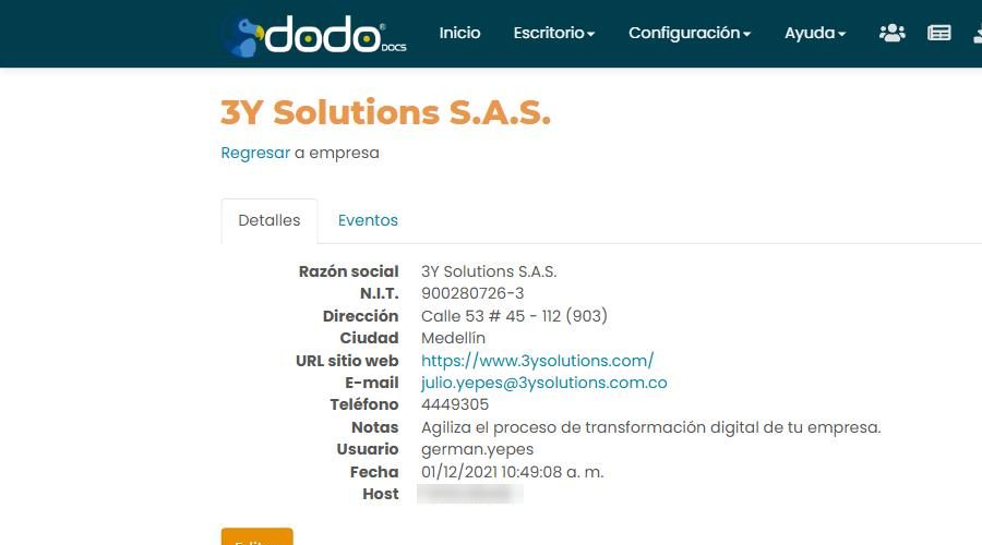 Pestaña «Detalles» de la empresa: Razón social, N.I.T., Dirección, Ciudad, URL sitio web, E-mail, Teléfono, Notas, Usuario, Fecha y Host (difuminado).