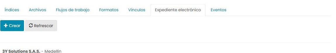 Pestaña «Expediente electrónico» de un registro, con los botones «Crear» y «Refrescar» y la lista vacía.