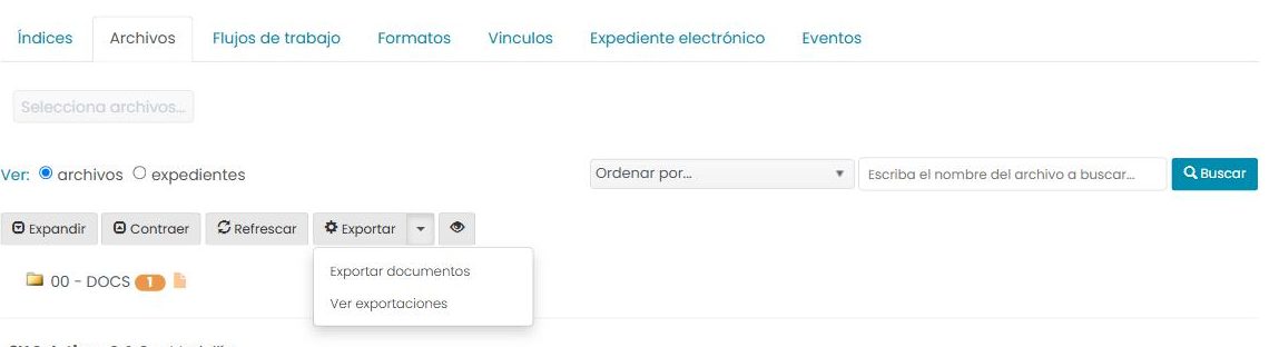 Pestaña «Archivos» de un registro con el botón «Exportar» desplegado; muestra las opciones «Exportar documentos» y «Ver exportaciones».