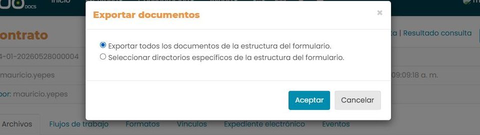 Ventana «Exportar documentos» con dos opciones: «Exportar todos los documentos de la estructura del formulario» y «Seleccionar directorios específicos de la estructura del formulario».