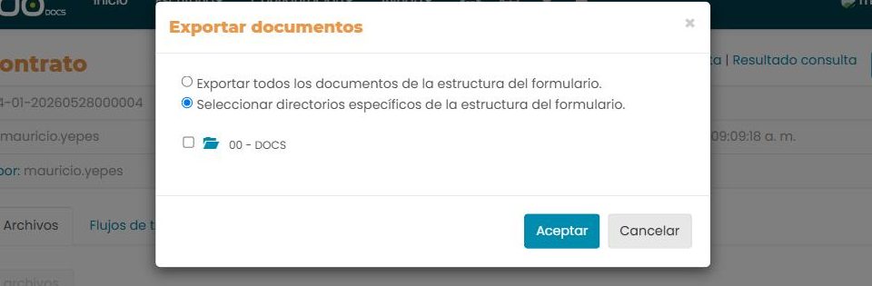 La misma ventana con la segunda opción marcada: aparece un árbol con casillas para elegir los directorios; en el ejemplo, «00 - DOCS».