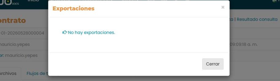 Ventana «Exportaciones» de un registro sin exportaciones previas: el mensaje «No hay exportaciones».