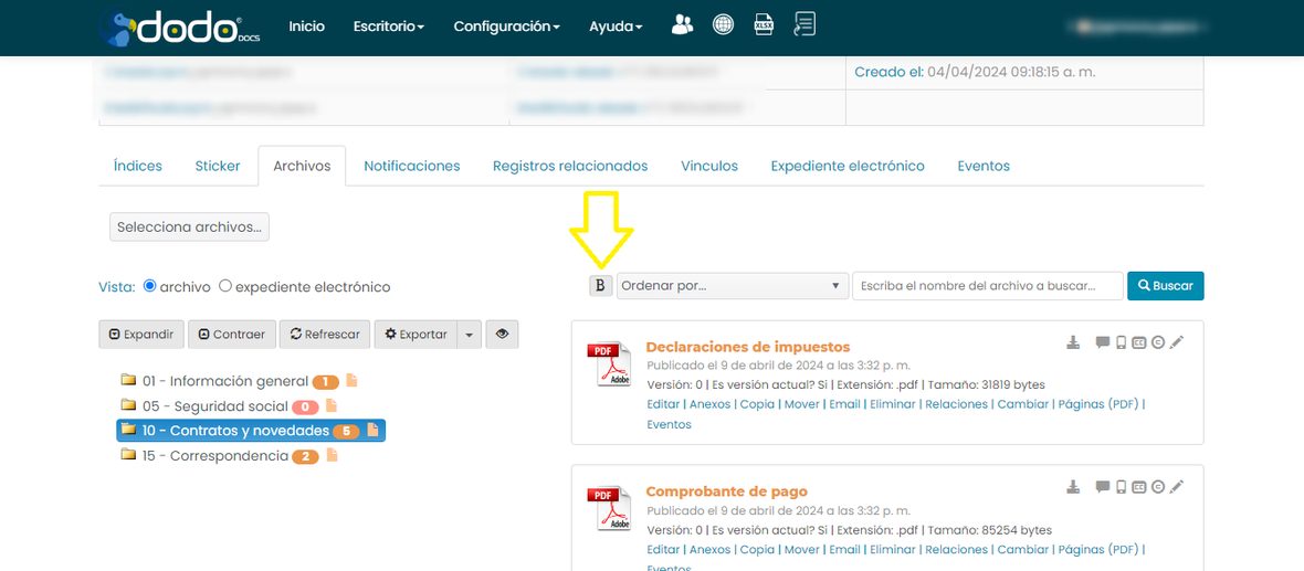 Ícono Biofirma arriba del área de documentos del registro.