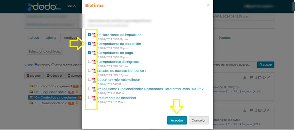Ventana Biofirma con la lista de los últimos 10 documentos publicados y casillas para elegir cuáles firmar.