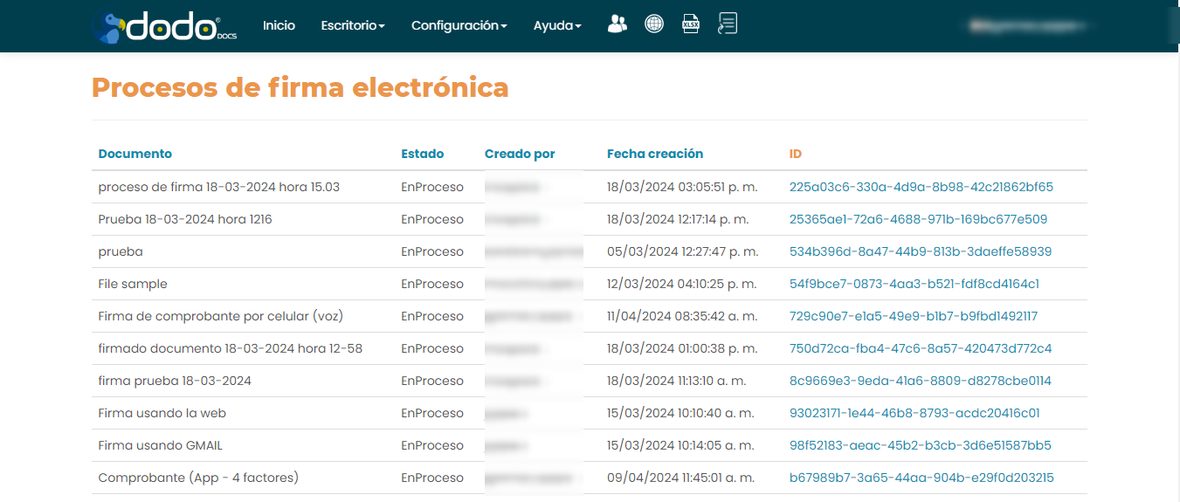 Pantalla Procesos de firma electrónica con la lista de solicitudes, su estado y el ID de cada una.