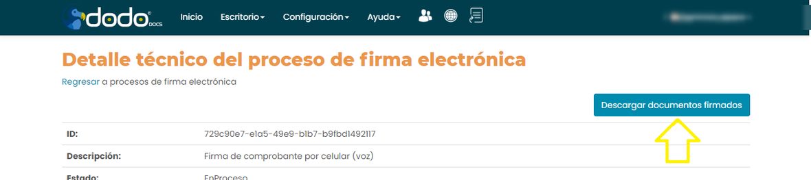 Pantalla Detalle técnico del proceso de firma electrónica con el botón Descargar documentos firmados.