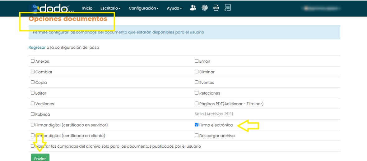 Panel Opciones documentos con la casilla Firma electrónica activada y el botón Enviar resaltado.
