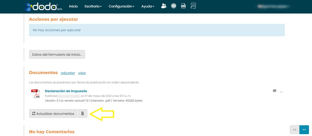 Tarea de un flujo de trabajo con el ícono Biofirma (B) resaltado junto a Actualizar documentos.