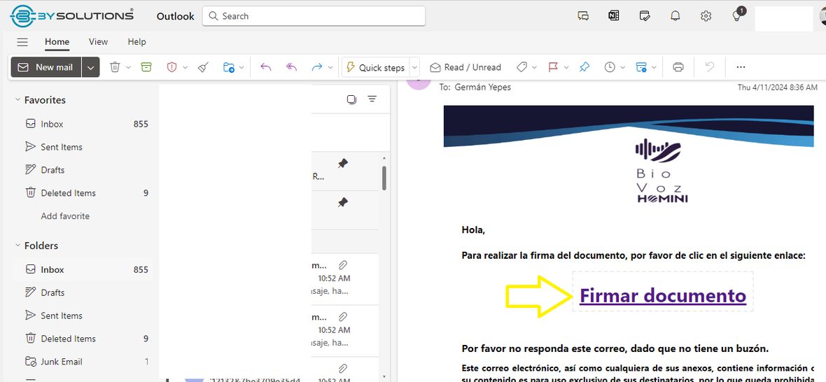 Correo de solicitud de firma Biofirma con el enlace «Firmar documento».