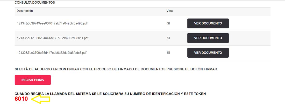 Pantalla con el botón Iniciar firma y, debajo, el token que se debe digitar en la llamada telefónica.
