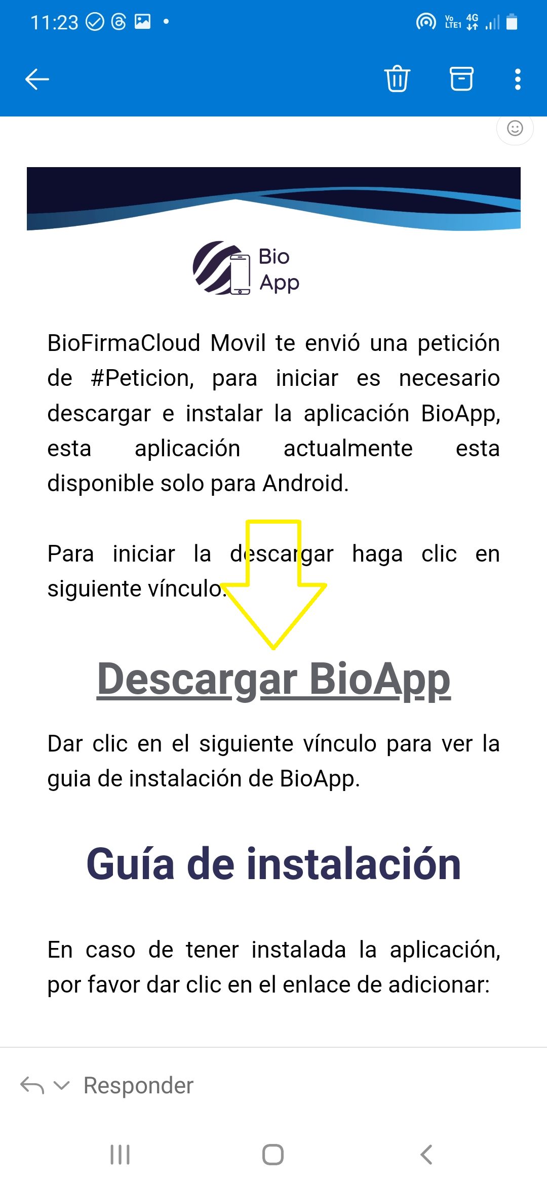 Correo de solicitud de firma con el enlace «Descargar BioApp» resaltado.