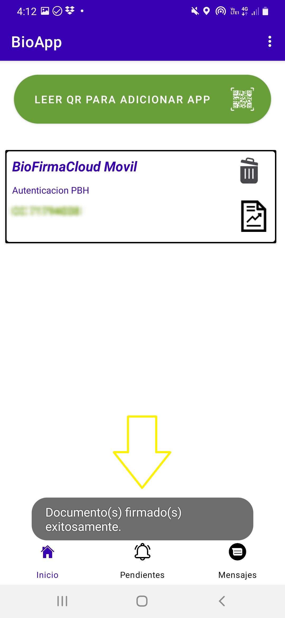 Pantalla de BioApp con el aviso «Documento(s) firmado(s) exitosamente».
