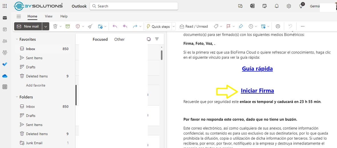 Correo de solicitud de firma con el enlace «Iniciar Firma» resaltado.
