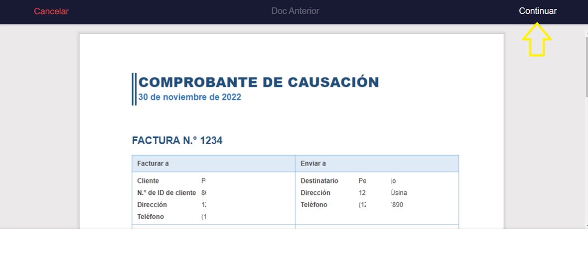 Visor con el documento a firmar y el botón Continuar.