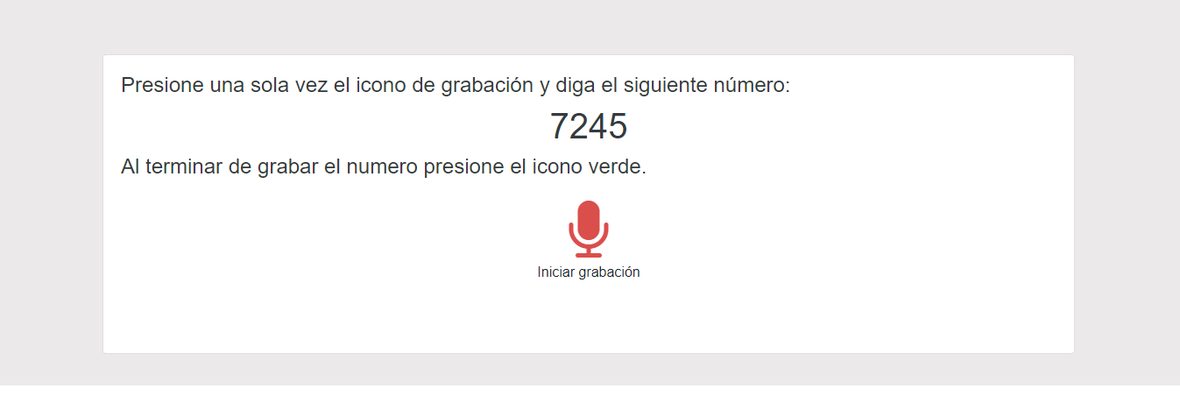 Pantalla que pide grabar la voz recitando un número, con el botón Iniciar grabación.