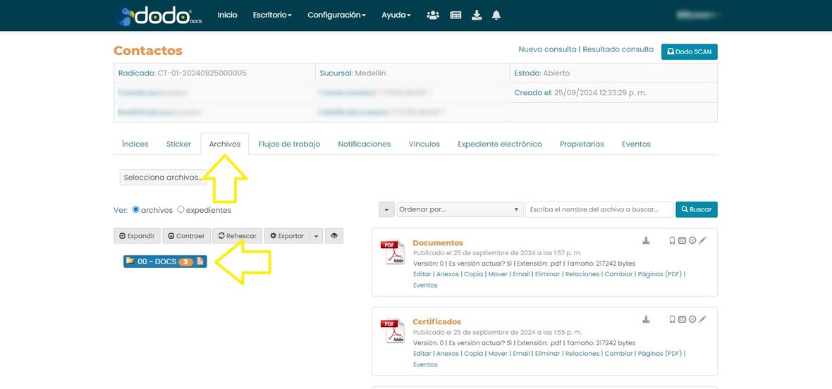 Pestaña «Archivos» del detalle del registro, con el botón Biofirma arriba del área de documentos.