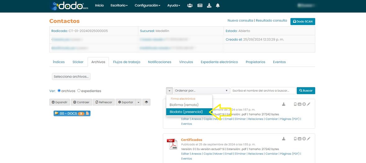 Menú de Biofirma con las opciones «Biofirma (remoto)» y «Biodata (presencial)».