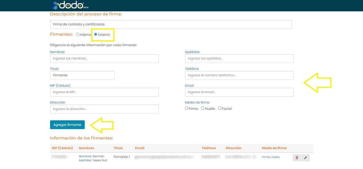 Formulario de firmante externo con Nombres, Apellidos, Teléfono, NIP, Email y Dirección.