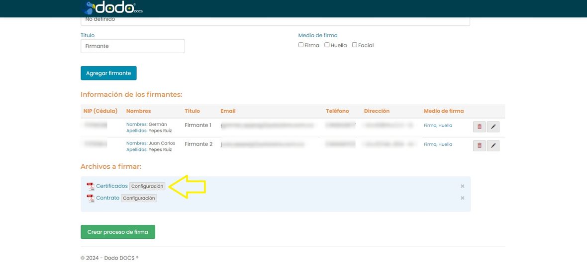 Tabla de firmantes con el botón Configuración junto a cada archivo a firmar.