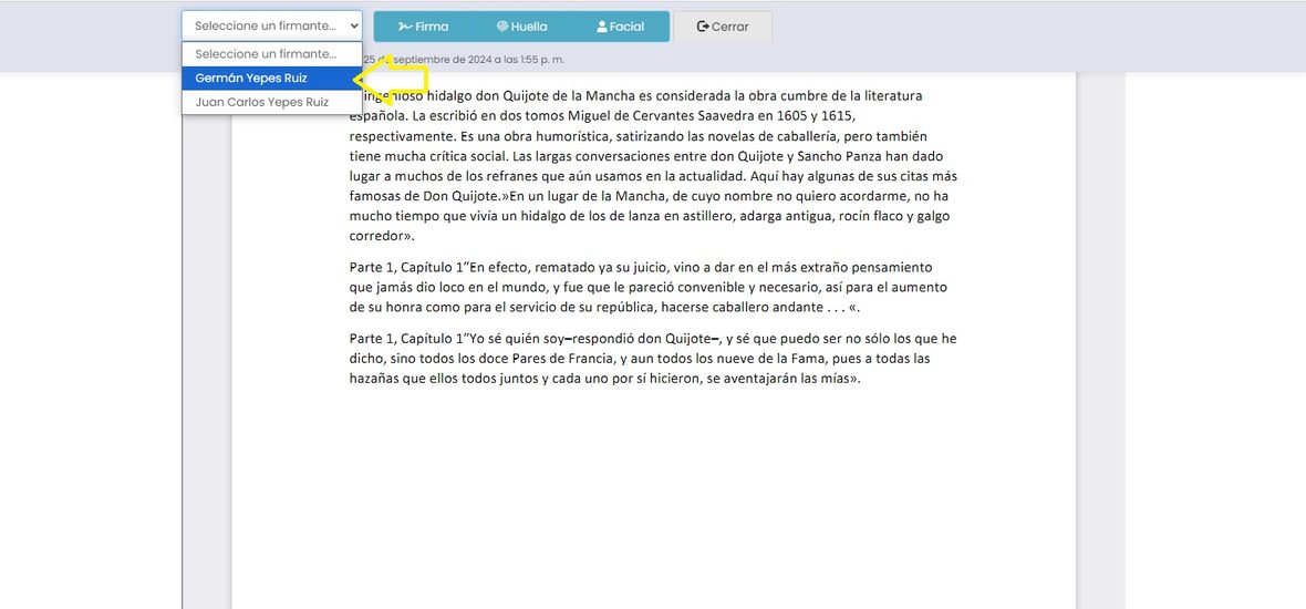 Desplegable para elegir el firmante, arriba a la izquierda del documento.