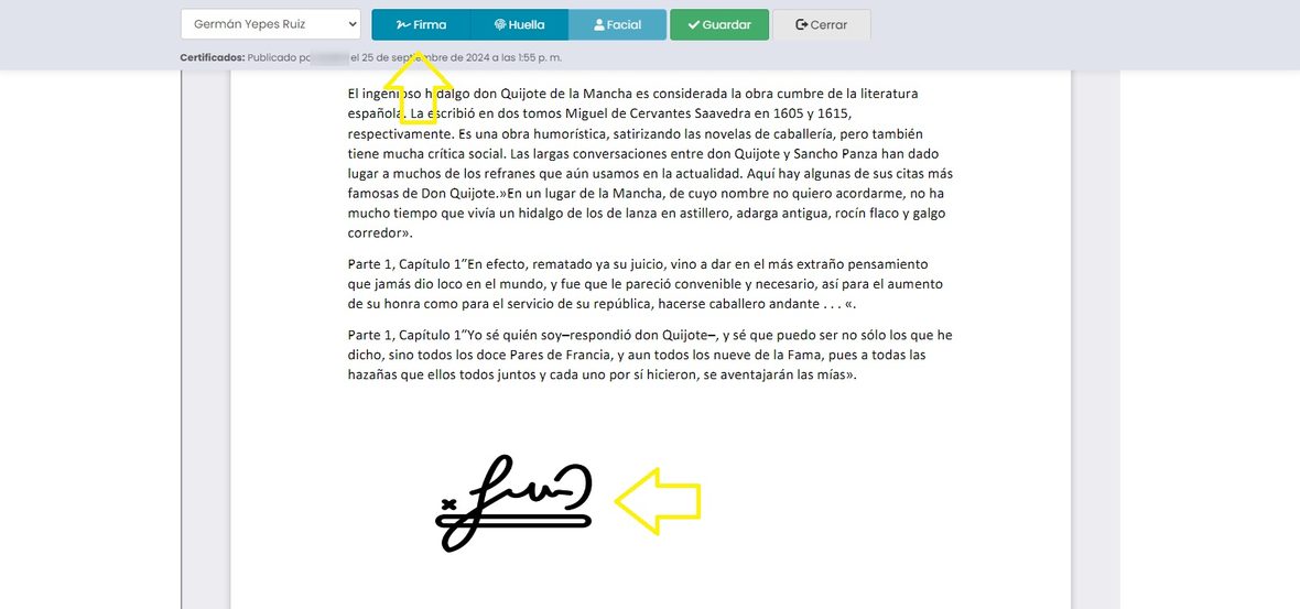 Rúbrica dibujada en el documento, en la zona donde se arrastró el mouse.