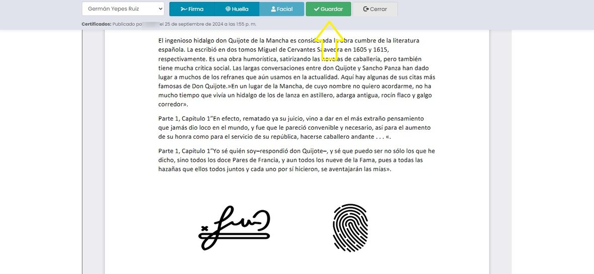 Rúbrica y huella ubicadas en el documento, con el botón Guardar en la barra superior.