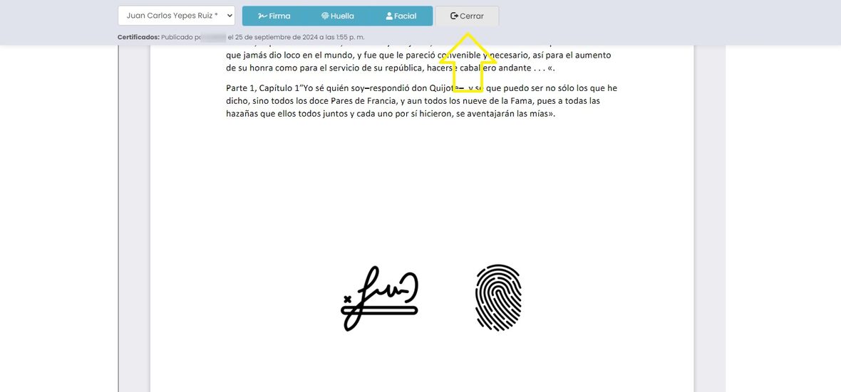 Botón Cerrar en la barra superior, tras configurar las firmas del segundo firmante.