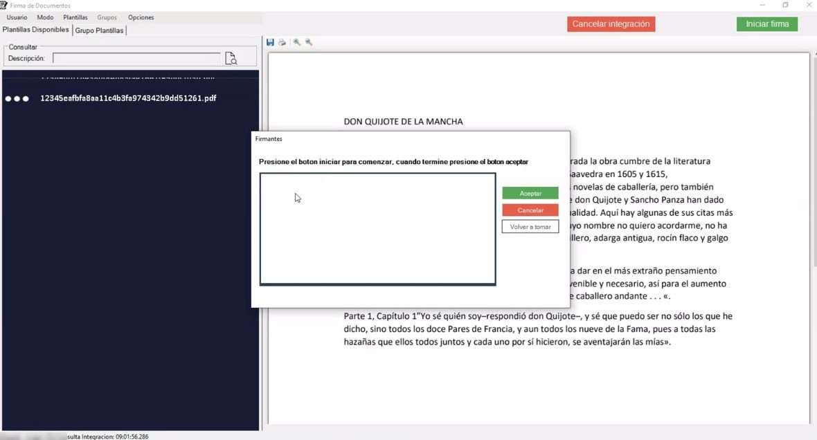 Ventana de captura con los botones Aceptar, Cancelar y Volver a tomar.