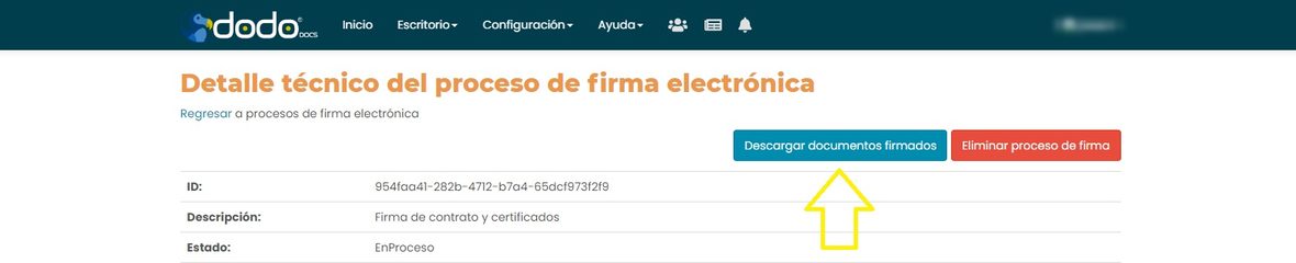 Detalle técnico del proceso de firma, con el botón Descargar documentos firmados.