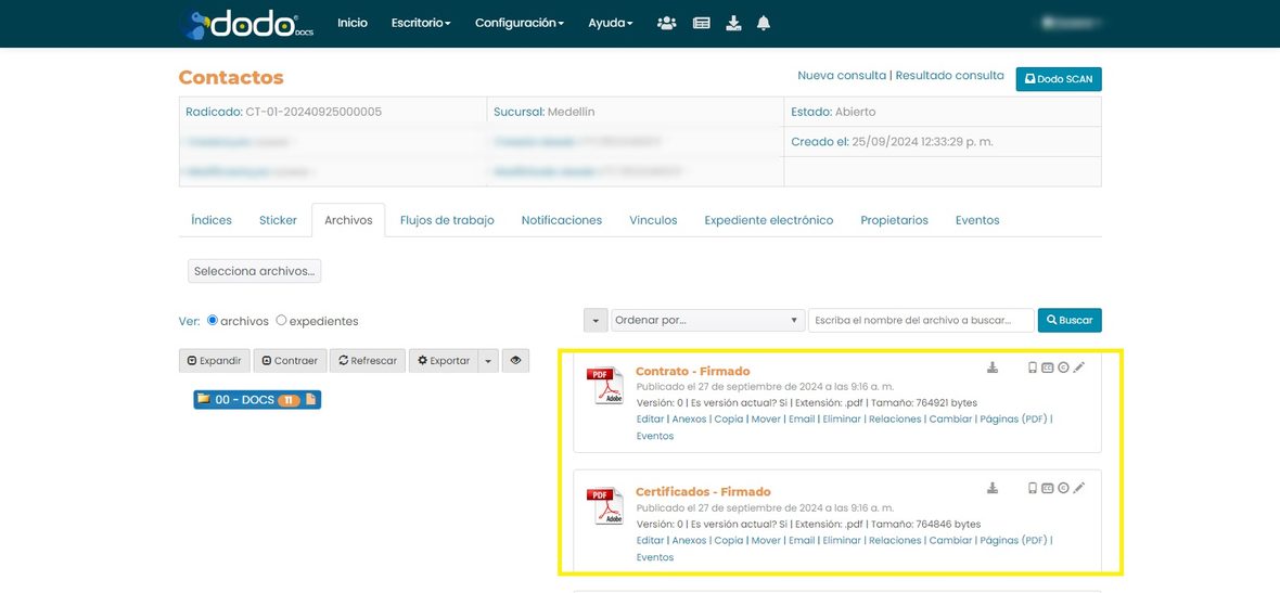 Pestaña Archivos del registro con «Contrato - Firmado» y «Certificados - Firmado».